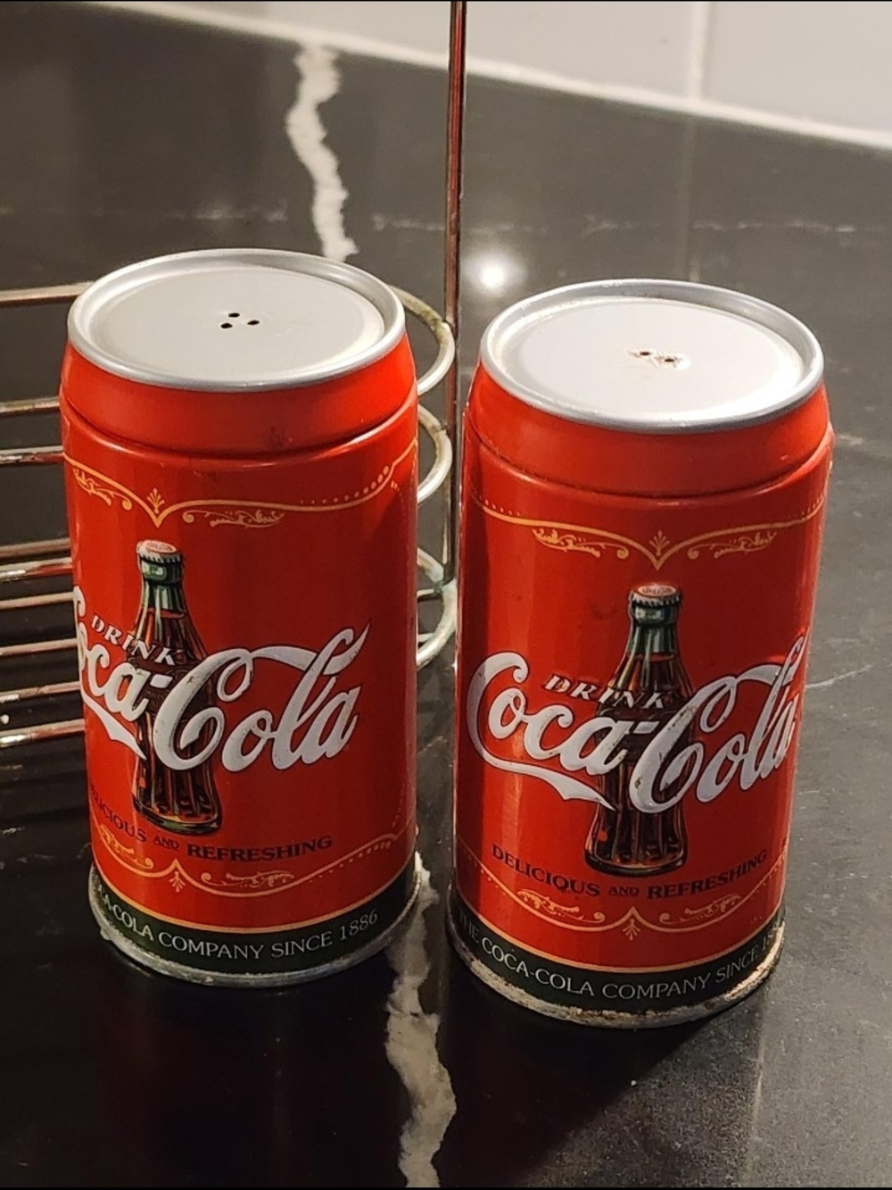 Vintage Coca-Cola Can Salt & Pepper Shaker Set with Metal Carrier